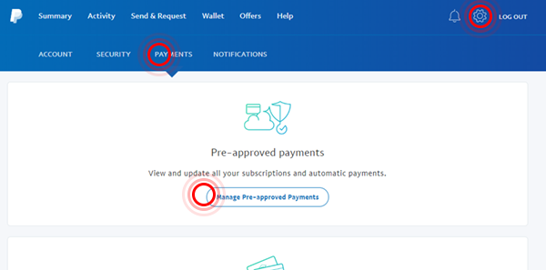 Captura de pantalla de la página de pagos preaprobados de PayPal